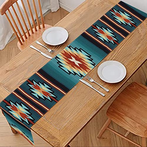 Jiueut Türkiser Tischläufer, südwestlicher Azteken-Indianer, Küchentischläufer, Tischdecke, weich, rutschfest, Esstisch-Dekoration für Hochzeiten, Familienfeiern von Jiueut