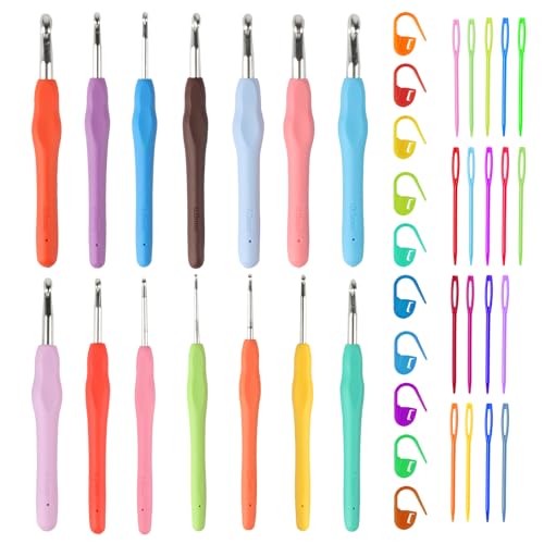 14 Stück Häkelnadel Set Ergonomische Häkelnadeln Set, 14 Größe Metall Crochet Hook Set mit Bunte Griffe für Anfänger Häkel Zubehör(2 mm bis 10 mm), mit 100 Kunststoffnadeln, 20 Stricknadeln von Jiujuda9