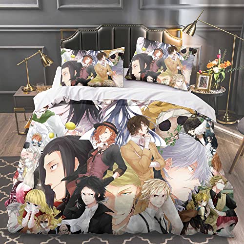 Jiumaocleu Bungo Stray Hunde Bettwäsche 3-teiliges Set, Anime 3D Gedruckte Decke Einzel/Doppel/King Steppdecke Set mit 1 Bettbezug und 2 Kissenbezügen, Heimtextilien Dekor Bettwäsche-Set von Jiumaocleu