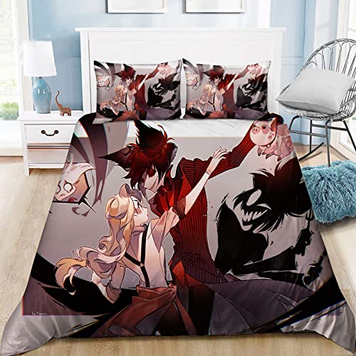 Jiumaocleu Hazbin Hotel Bettwäsche 3-teiliges Set, Anime Figur Alastor 3D Decke Einzel/Doppel/King Bettdecke Set mit 1 Bettbezug & 2 Kissenbezügen, Heimtextilien Dekor Bettwäsche Set von Jiumaocleu