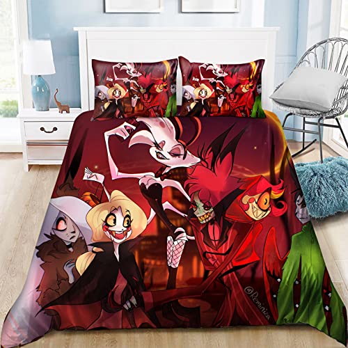 Jiumaocleu Hazbin Hotel Bettwäsche 3-teiliges Set, Anime Figur Alastor 3D Decke Einzel/Doppel/King Bettdecke Set mit 1 Bettbezug & 2 Kissenbezügen, Heimtextilien Dekor Bettwäsche Set von Jiumaocleu