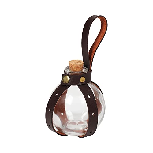 Jiumaocleu Hexe Kork Trank Flasche, Runde Kugel Glasflasche mit Kork und PU Leder Flaschenabdeckung, Mittelalter Ritter Cosplay Kostüm Zubehör für Erwachsene Halloween Party Bühne von Jiumaocleu