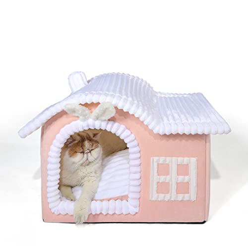 Jiupety Kaninchen Katzenhaus für Katzen, Schornstein Katzenhaus für Indoor Katzen, genug Innenraum, Rosa Haustier Tierhaus für 1,4-6,8 kg große Katze und Welpen, Cartoon süßes Kamin-Katzenhaus von Jiupety