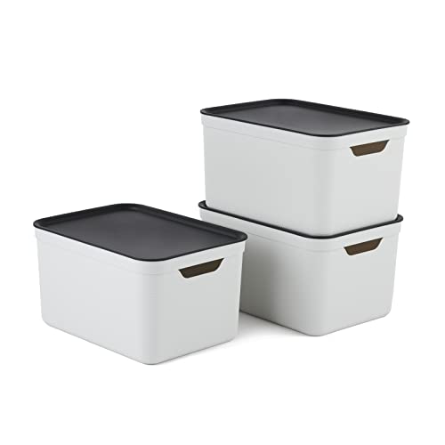 Jive Dekobox 3er- Set Aufbewahrungsbox 16l mit Deckel, Kunststoff (PP recycelt), weiss/anthrazit, 3x16l (37.5 x 27.8 x 29.8 cm) von Rotho