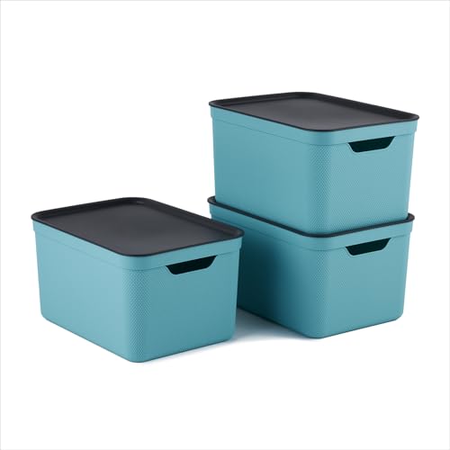 Jive Dekobox 3er- Set Aufbewahrungsbox 16l mit Deckel, Kunststoff (PP recycelt), türkis/anthrazit, 3x16l (37.5 x 27.8 x 29.8 cm) von Rotho