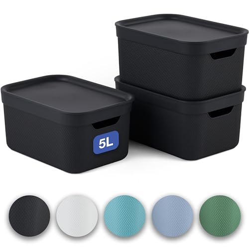 Jive Dekobox 3er-Set Aufbewahrungsbox 5l mit Deckel, Kunststoff (PP recycelt), dunkelgrau, 3x5l (27.8 x 19.5 x 22.4 cm) von Rotho