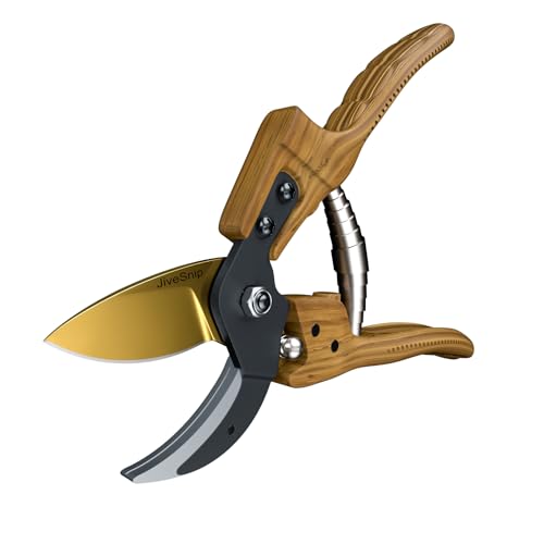 JiveSnip Premium Gartenschere aus Titan, ergonomisches Design, ideal zum Gartenschneiden und Pflanzenschneiden (Holzgriff) von JiveSnip