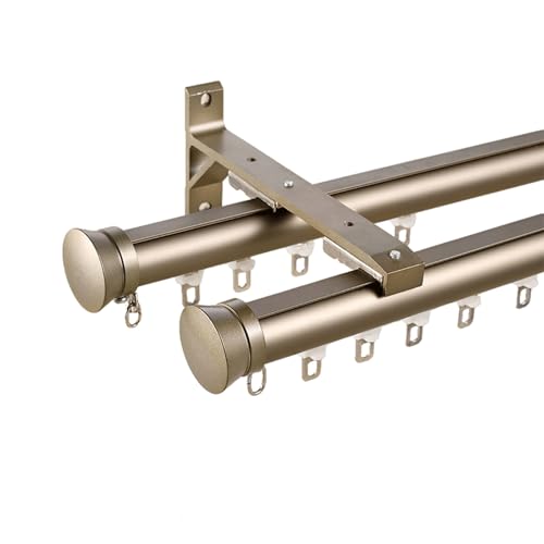 Gardinenstange Komplett-Set mit 2-läufiger Vorhangschiene, Inkl. Befestigungsmaterial，mit stummen Rollen，für Decken- oder Wandmontage für Fenster, Schlafzimmer, Duschen(Space Champagne,2.4m(7.9ft)) von JixCJHj