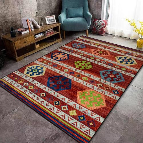 Jiyuhang Wohnzimmer Teppich 160x230, Boho Teppich Vintage Kurzflor Waschbarer Teppich Bunt Dunkelrot, Blau Grün Vintage Geometrisch Karo Design Teppiche für die Heimdekoration von Jiyuhang