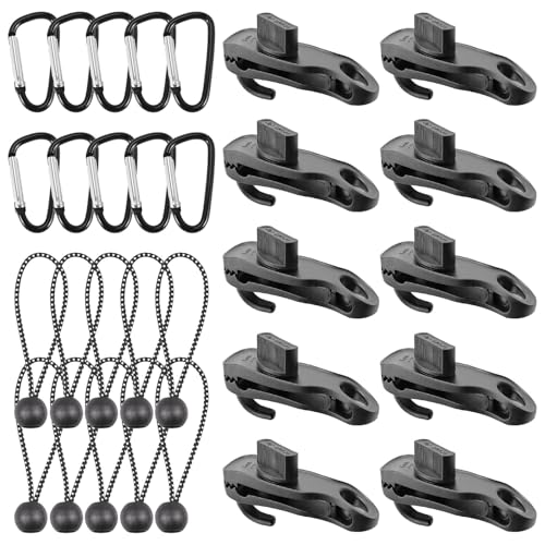 Planenclips Set, 10 Stück Schwarz Planenspanner Clips mit Haken, mit 10 Stück Spanngummis mit Kugel und 10 Stück Karabiner, Planenbefestigung Clips für Zelt, Markisen, Abdeckungen, Camping (Schwarz) von Jjqieosjeog