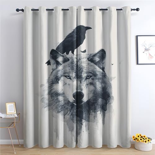Jkepztyl Schlafzimmer Blickdicht Vorhang Verdunkelung Gothic Wolf Und Rabe, Wohnzimmer Gardine Wald Tier Vögelmit Ösen, Thermovorhang Fenster Vorhänge 2er Set, H137 x B117 cm Jkepztyl Schlafzimmer Blickdicht Vorhang Verdunkelung Gothic Wolf Und Rabe, Wohnzimmer Gardine Wald Tier Vögelmit Ösen, Thermovorhang Fenster Vorhänge 2er Set, H137 x B117 cm von Jkepztyl
