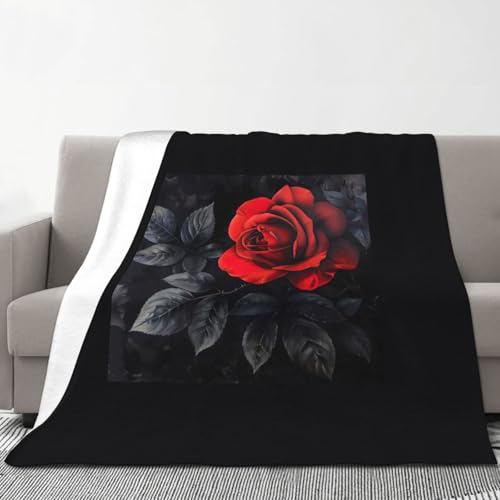Jkkghll Flanell-Decke, gemütliche Winterdecke, Tagesdecke, 178 x 203 cm, Motiv: Rote Rosen und schwarze Blätter, 178 x 203 cm von Jkkghll