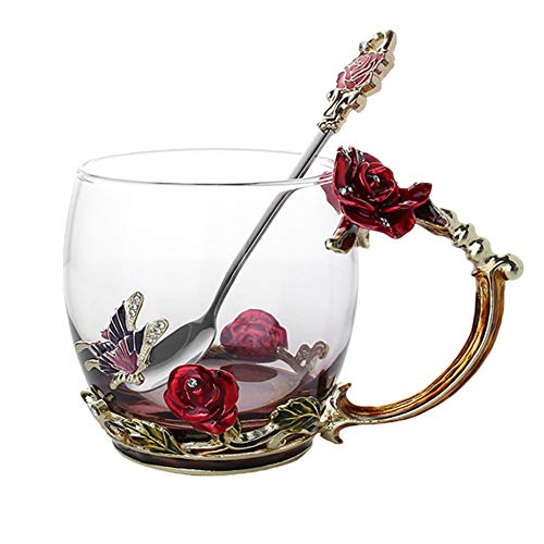 JklausTap Emaille Kaffee Tee Tasse Becher 3D Rose Schmetterling Glas Tassen Hochzeitsgeschenk Kaffeetasse, Teetasse, Wassertasse von JklausTap