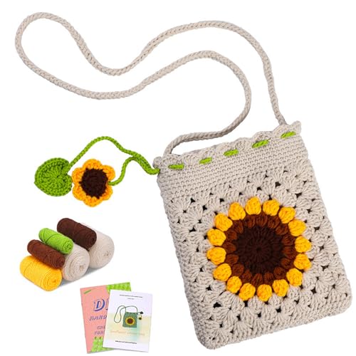 Jlnmmn Häkelset für Anfänger, Häkel Tasche Set für Anfänger Sonnenblumen, Komplette Häkelsets, Anfänger-Häkelset, Handytasche Häkelset, mit Diy Handwerk Schritt-für-Schritt-Video-Tutorials von Jlnmmn