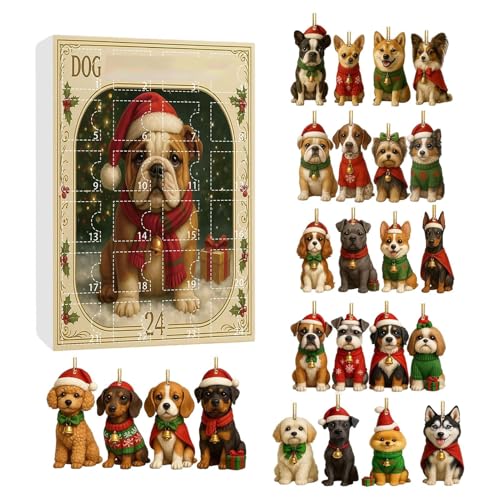 24 Tage Adventskalender für Hunde | 2D Acryl Countdown-Kalender Hundeschmuck | Süßer aufhängbarer Tieranhänger | für Fenster Kinder Mädchen Haustür Balkon Weihnachtsbaum Party von Jlobnyiun