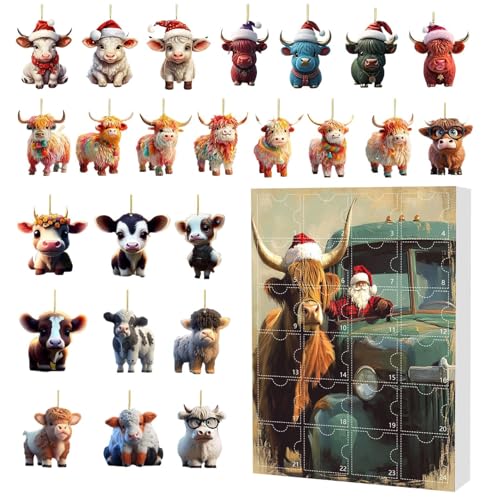 Highland Cow Christmas Advent | Weihnachten 24 Tage Kuhverzierung Countdown -Kalender | 2d Acryl -Tierverzierungen für Baumfenster Wandtür Auto Rückspiegel Rucksack von Jlobnyiun
