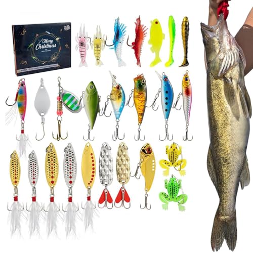 Weihnachtskalender Angelköder Adventskalender | 24 Tage Angelzubehör Adventskalender,Zähler Für Salzwasser Süßwasser Festtage Ehemann Vater Freunde Angler von Jlobnyiun