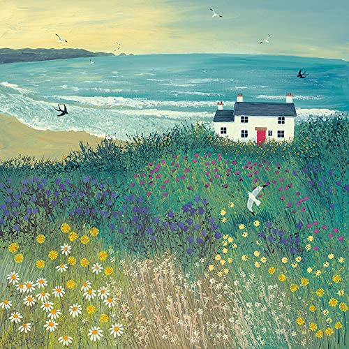 Jo Grundy "Cottage by Ocean Meadow, 85 x 85 cm, Leinwanddruck von Jo Grundy