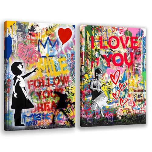 JoOcLa Set 2 Banksy Bilder Leinwand Poster Gemälde Canvas Wall Art Abstrakte Graffiti Street Kunstdruck Wandbilder Wandkunst Drucke Wohnzimmer Dekoration Bereit Deko (Rahmen A 40x60cm (16x24in)) von JoOcLa