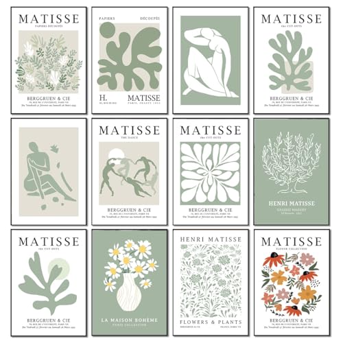 Matisse Poster, Markt, Wandkunst, Leinwand, Dekordrucke, grüner Salbei, Blumenmuster, Boho-Kunstwerk, Poster, bunt, ästhetisch, abstrakt, für Frauen, Wohnzimmer, Badezimmer (grün-01, rahmenlos, 20 x von JoOcLa