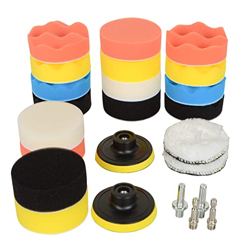 JoaSinc Polieraufsatz Akkuschrauber, 24PCS Polierschwamm Auto Set, Polierpad Schwämme Pads mit Auto Poliermaschine M10 Bohrer Adapter, für Autopolieren, Schleifen, Wachsen von JoaSinc