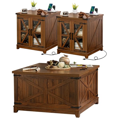 Joaxswe Farmhouse Couchtisch Set, 3 Stück - Große Beistelltische mit Ladestation und Couchtisch mit Verstecktem Ablagefach, Braune Holzmöbelsets für Home Office von Joaxswe