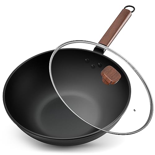 Jobin 33cm/5,6L Wokpfanne mit Deckel Wok aus Kohlenstoffstahl Ohne Chemische Beschichtung und zum Kochen von Asiatischen Gerichten für 4-6 Personen, Induktion, Elektro, Gas von Jobin