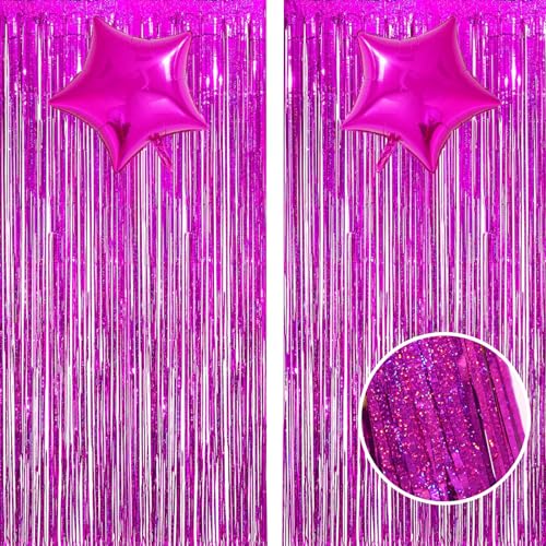 Lametta Vorhang Pink Glitzervorhang Lametta 2 Stück mit Folienballon Stern Rosa, Glitzer Vorhänge Geburtstagsdeko Tinsel Curtain Folien Fransenvorhang Hintergrund für Geburtstag Hochzeit Party Deko von Jobkoo