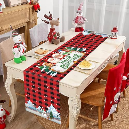 Tischläufer Weihnachten, Rot Büffel Kariert Merry Christmas Tischdeko, Weihnachtsmann Elch Schneemann Feiertags Tischdecke für Waschbar Winter Festival Küche Couchtisch Weihnachts Tisch Dekoration von Jobkoo