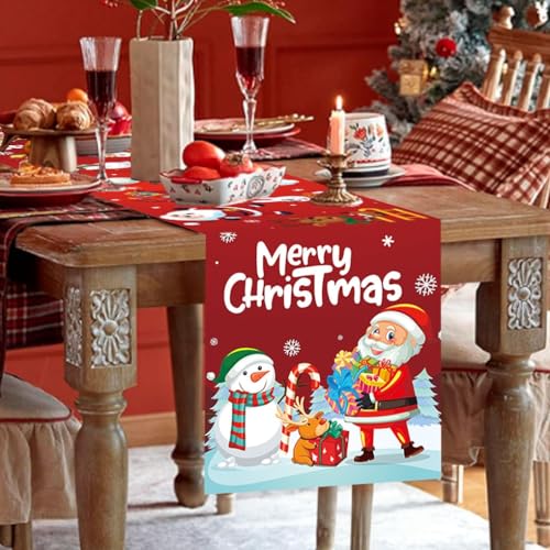 Tischläufer Weihnachten, Merry Christmas Weihnachts Tischläufer Rot für Weihnachts Tischdeko, Weihnachtstischläufer mit Schneemann Weihnachtsmann, Tischband Tischdekoration Xmas Weihnachten Deko von Jobkoo