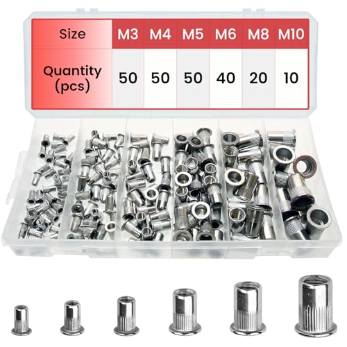 JoblikeBrez Nietmuttern Set, 220Stk Gewindehülsen Set (304 Edelstahl), UNIVERSELL passend für Nietmutternzange, Einnietmuttern Set, Gewindehülse 6 Größen(M3 M4 M5 M6 M8 M10) von JoblikeBrez