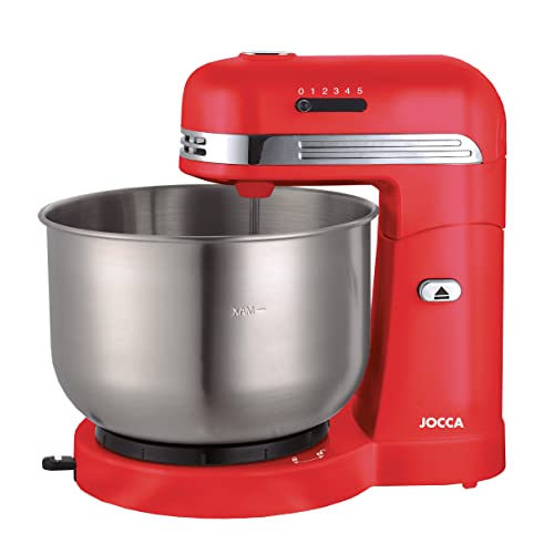 JOCCA – 350 W Teigknetmaschine mit Reibungs-Selbstrotation, 5 Geschwindigkeiten, 3,5 l Edelstahlschüssel, Kneten, Schlagen, Emulgieren, Stäbe und Chrommischer (rot) von Jocca