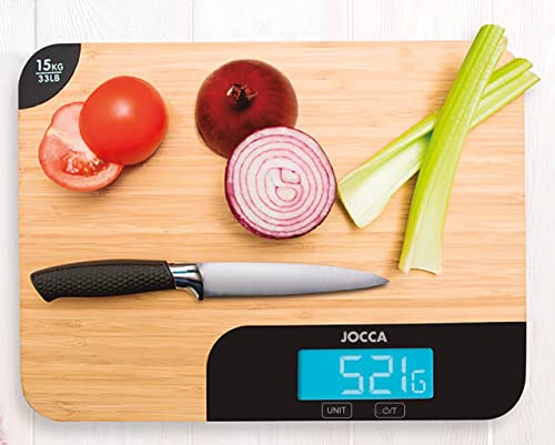 JOCCA – Bambus-Küchenschneidebrett mit integrierter Waage, 2-in-1-Waagebrett mit LED-Anzeige, hygienisches Bambus, 35 x 26 x 2'5 cm von Jocca