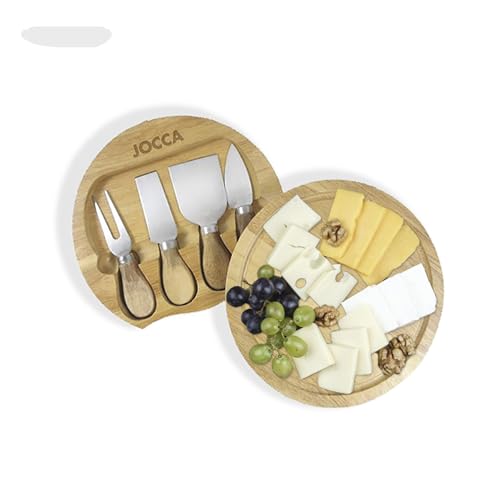 JOCCA - Käsebrett mit Käsemesser Set | Rund Servierplatte aus Holz für Käse und Häppchen | Cheese Board Charcuterie Board | 20cm | 4 Messer | Messer aus Rostfreiem Stahl | Geschenke Idee von Jocca