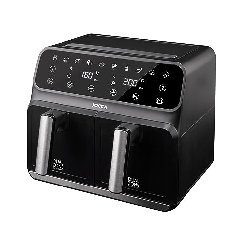 Jocca - Doppelte digitale Heißluftfritteuse 8L mit 2 Schalen | Ölfreie Fritteuse | Luftfritteuse | Gesundes Kochen | 1700W Leistung | Überhitzungsschutz | Cool Touch Griff (Schwarz 4L+4L) von Jocca