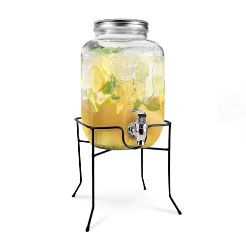 Jocca - Getränkespender mit tropfsicheren Zapfhahn aus Edelstahl mit Bügeleisenhalter 4 Liter| Wasserspender aus Glas Deckel| Hitzebeständigen| Vintage Limonadenspender Gartenparty von Jocca