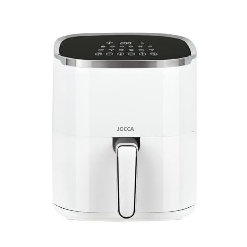 Jocca Heißluftfritteuse, 5 l, Schwarz, ölfreie Fritteuse mit Fenster, Luftfritteuse, 1450 W Leistung, Überhitzungsschutz, LED-Touchscreen, 12 voreingestellte Programme, Weiß, 2196B von Jocca