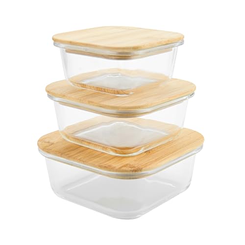 Jocca – Tupperware aus Glas mit Bambusdeckel/Set mit 3 Glasbehältern mit Deckel/Geeignet für Mikrowelle, Gefrierschrank, Backofen, Spülmaschine/3 Einheiten von Jocca