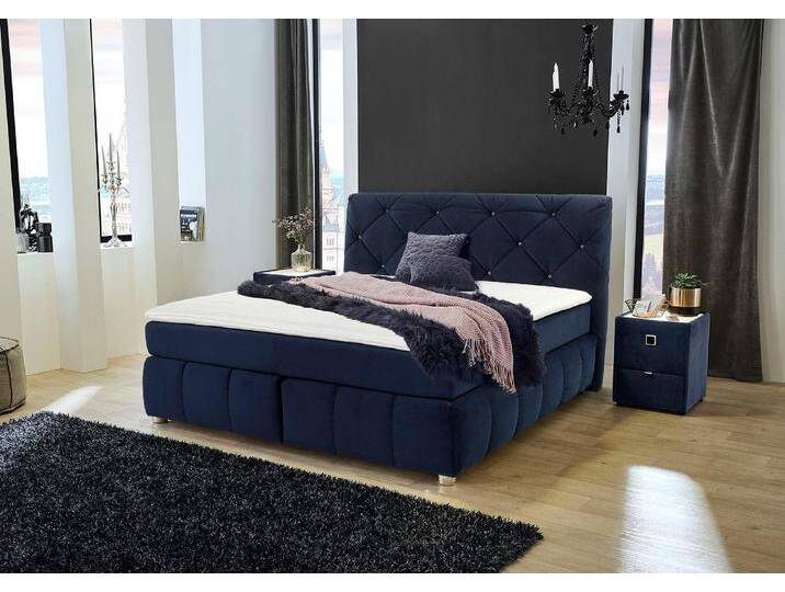 Boxspringbett JOCKENHÖFER GRUPPE Bella erhältlich in 140 & 180cm Breite , blau (blau 372, 02), B:190cm L:226cm, Bettgestell und seitliche Einfassung der Matratzen: Mikrofaser, Samtähnlich (100% Polyester), Topper: 100% Polyurethan, Bezug (100% Polyester) abnehmbar und waschbar bis 60u00ba C, Spiegelfläche der Matratze: 100% Polyester, Komplettbetten, Boxspringbett, mit Kaltschaum-Topper und Rauchglas-Steinen, Topseller von Jockenhöfer