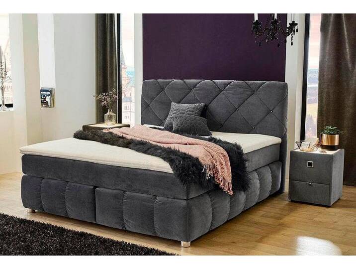 Boxspringbett JOCKENHÖFER GRUPPE Bella erhältlich in 140 & 180cm Breite , grau (grau 372, 09), B:190cm L:226cm, Bettgestell und seitliche Einfassung der Matratzen: Mikrofaser, Samtähnlich (100% Polyester), Topper: 100% Polyurethan, Bezug (100% Polyester) abnehmbar und waschbar bis 60u00ba C, Spiegelfläche der Matratze: 100% Polyester, Komplettbetten, Boxspringbett, mit Kaltschaum-Topper und Rauchglas-Steinen, Topseller von Jockenhöfer