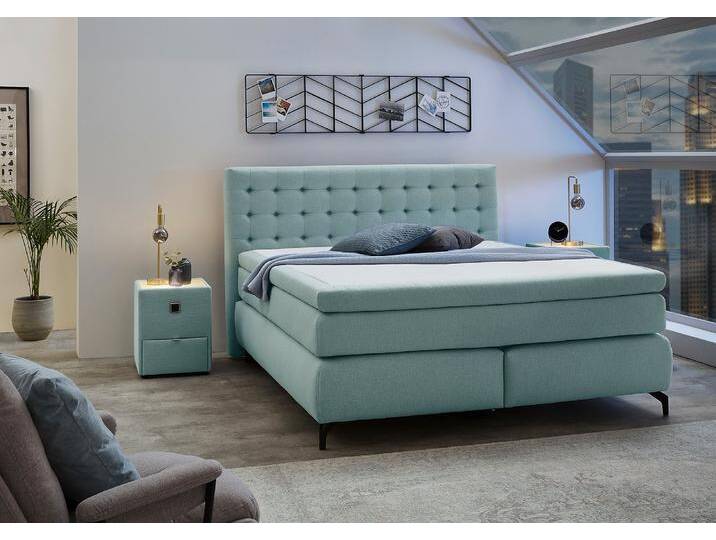 Boxspringbett JOCKENHÖFER GRUPPE Jessica inklusive 9cm Kaltschaum-Topper , grün (türkis 474, 03), B:192cm L:214cm, Bezug Bett: 100% Polyester, Topper und Matratzenspiegel: 100% Polyester, Komplettbetten, Boxspringbett, und 7-Zonen-TTFK-Matratze (H3,H3/H4 oder H4), Liegefläche 180x200cm von Jockenhöfer