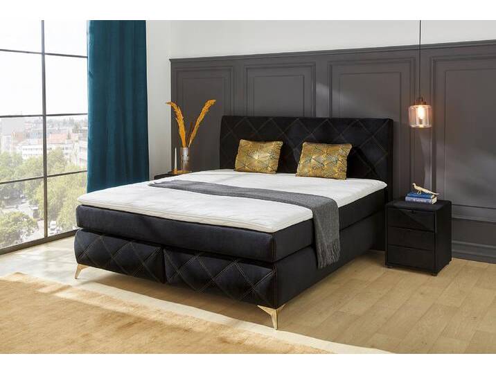 Boxspringbett JOCKENHÖFER GRUPPE Leyla, inklusive 7-Zonen-TTFK-Matratzen und Kaltschaumtopper , schwarz (schwarz 372, 06), B:192cm L:215cm, Bezug Bett: samtähnlich (100% Polyester), Topper und Matratzenspiegel: 100% Polyester, Bezug Kissen: 66% Polyester, 34% Viscose, Komplettbetten, 2 goldfarbige Kissen, verschiedene Härtegrade wählbar von Jockenhöfer