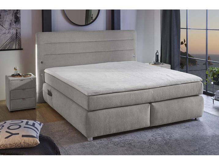 Boxspringbett JOCKENHÖFER GRUPPE Livia , grau (grau 444, 19), B:205cm L:217cm, Bezug Bett: Chenille (100% Polyester), Topper und Matratzenspiegel: 100% Polyester, Komplettbetten, Boxspringbett, inklusive LED-Beleuchtung, 4x USB-Ladeports, 7-Zonen-TTFK-Matratze von Jockenhöfer