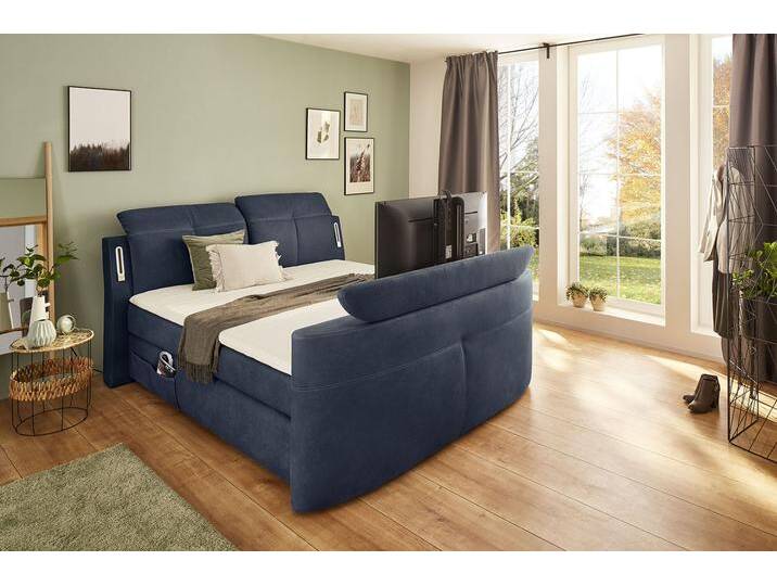 Boxspringbett JOCKENHÖFER GRUPPE Movie Star in der Größe 180x200cm , blau (dunkelblau 421, 02), B:206cm L:258cm, Bezug Bett: Microfaser (100% Polyester), Topper und Matratzenspiegel: 100% Polyester, Komplettbetten, Boxspringbett, mit versenkbarem TV-Lift und Fernbedienung, verstellbare Kopfstützen, Topseller von Jockenhöfer
