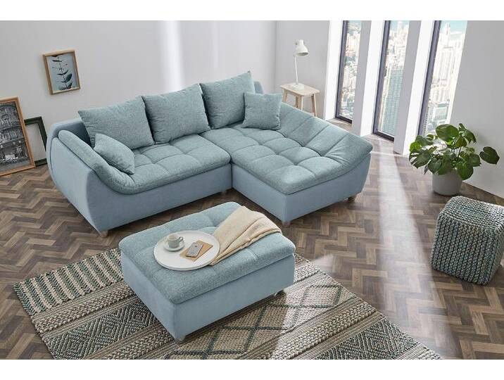 Ecksofa JOCKENHÖFER GRUPPE Genua L-Form , blau (türkis), B:250cm H:92cm T:179cm, Korpus: 100% Polyester, Zierkissen: 100% Polyester, Sofas, Ottomane links oder rechts montierbar, 3 lose Rücken- und 2 Zierkissen, Topseller von Jockenhöfer