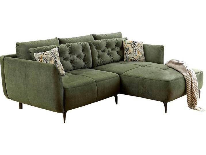 Ecksofa JOCKENHÖFER GRUPPE Salo L-Form , grün, B:251cm T:110cm, Korpus: Veloursstoff (100% Polyester), Kissen dunkelgrün : 55% Polyester, 45% Baumwolle, Kissen dunkelgrau und hellbalu: 91% Polyester, 9% Viskose, Kissen hellgrau: 57% Polyester, 43% Baumwolle, Sofas, im Retrolook mit Wellenfederung und frei im Raum stellbar, Topseller von Jockenhöfer