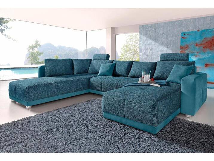 Wohnlandschaft JOCKENHÖFER GRUPPE Orlando U-Form, B: 337 cm , blau (petrol), B:337cm H:69cm T:180cm, Struktur Farbe petrol: 87% Polyester, 13% Polyacryl;Struktur Farbe greige: 45% Polyacryl, 35% Polyester, 20% Baumwolle;Luxus-Microfaser ALCATOP (100% Polyester) / Struktur (s. u.) Kunstleder SOFTLUX / Struktur (s.u.);Struktur: alle restlichen Farben, außer greige + petrol: 65% Polyacryl, 35% Polyester, Sofas, mit Bettfunktion, Bettkasten, 2 Kopfstützen & 2 Zierkissen, Federkern, Topseller von Jockenhöfer
