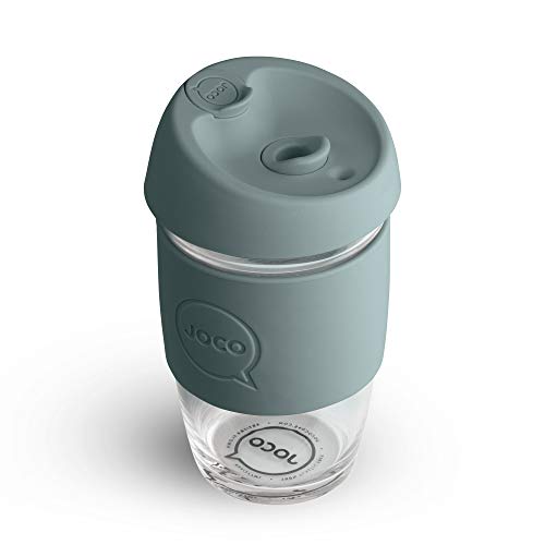 JOCO Utility Cup 170 ml – umweltfreundlicher, wiederverwendbarer Becher aus Borosilikatglas mit Strohhalm-Integration, Silikondeckel (Bluestone) von Joco