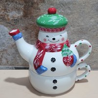 3-Teiliges Keramik Stacking Schneemann Teekanne Becher Tasse Set von JodamelTreasures