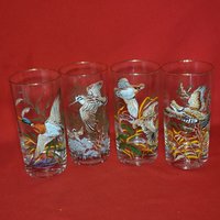 Mid Century West Virginia Glas Spiel Vogel Becher Gläser Gold Rim Set Von 4 von JodamelTreasures